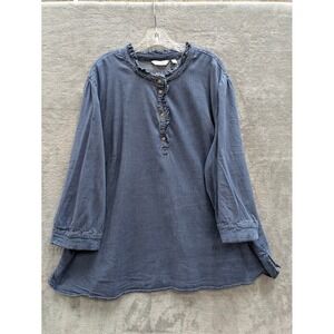 Boho Denim Tunic Top Womens 4X Blue Ruffle Neck Lyocell Henley Long Sleeve